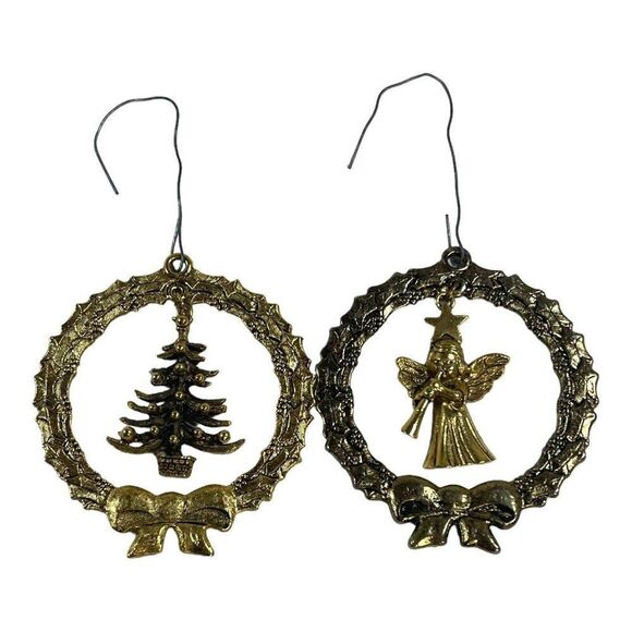 Vintage Lot 2 Camco Angel And Christmas Tree Wreath Ornament Gold Tone Signed - Picture 1 of 5